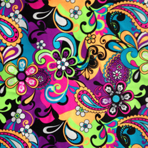 Bright and bold neon colors make up this floral and paisley spandex wet print.