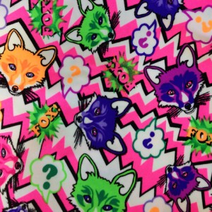 What does the fox say? Spandex stretch print with Fox heads.