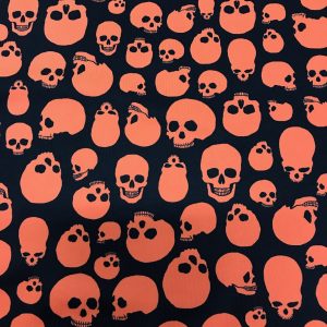 halloween print, spooky halloween print, skull print, printed spandex fabric, spandex halloween print, halloween print on spandex, black and orange halloween print